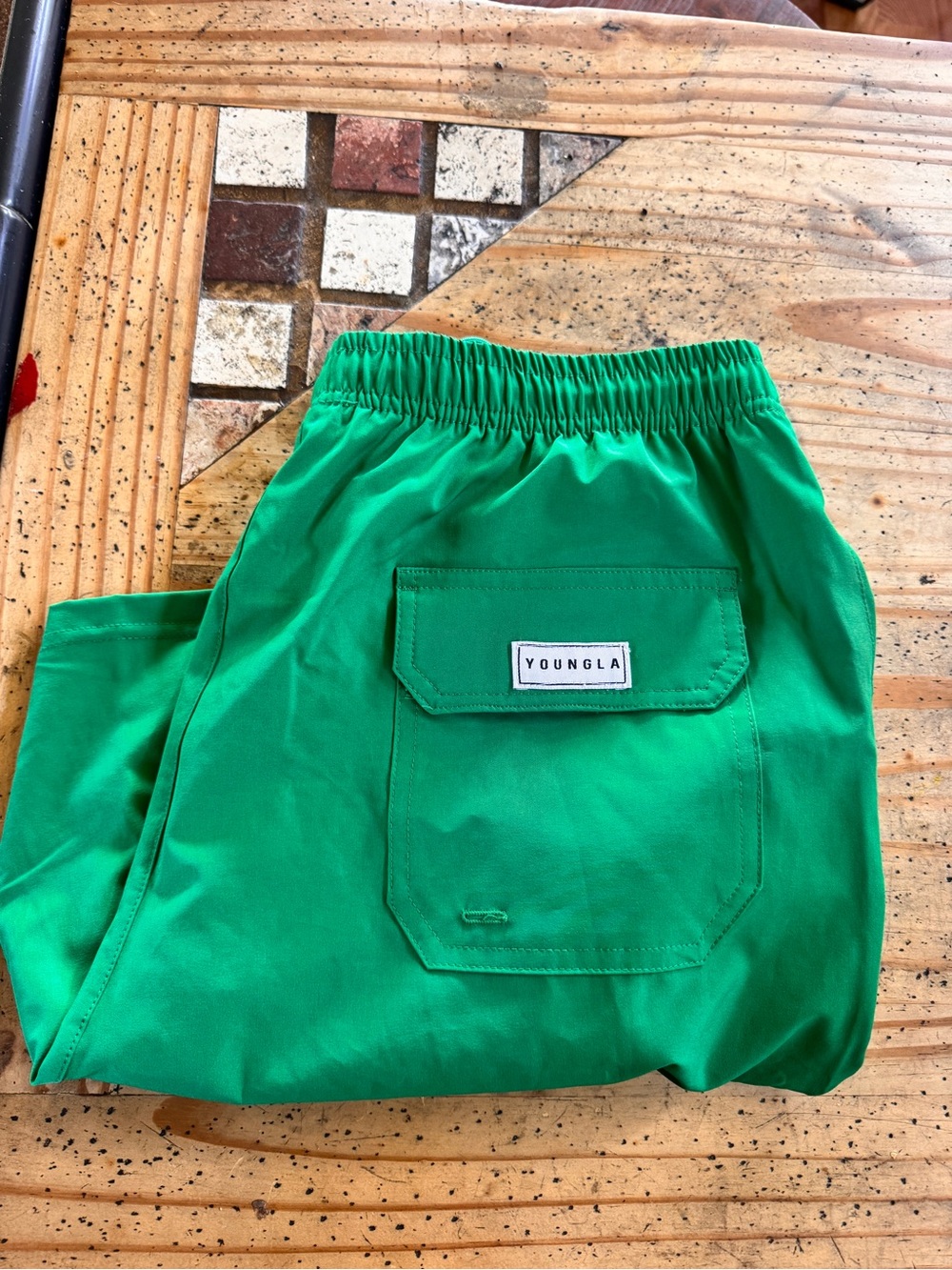 YoungLA Kelly Green Elastic Waist Shorts with Back Patch Pocket